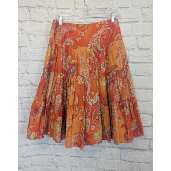 Chaps Small Orange Paisley 100% Cotton Maxi Skirt Boho Tiered Festival Rodeo - Picture 1 of 7